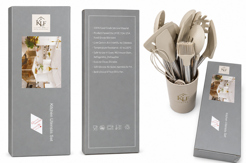 KLF Living 24-Piece Silicone Kitchen Utensil Set with Stainless Steel Handles and Utensil Holder, Beige