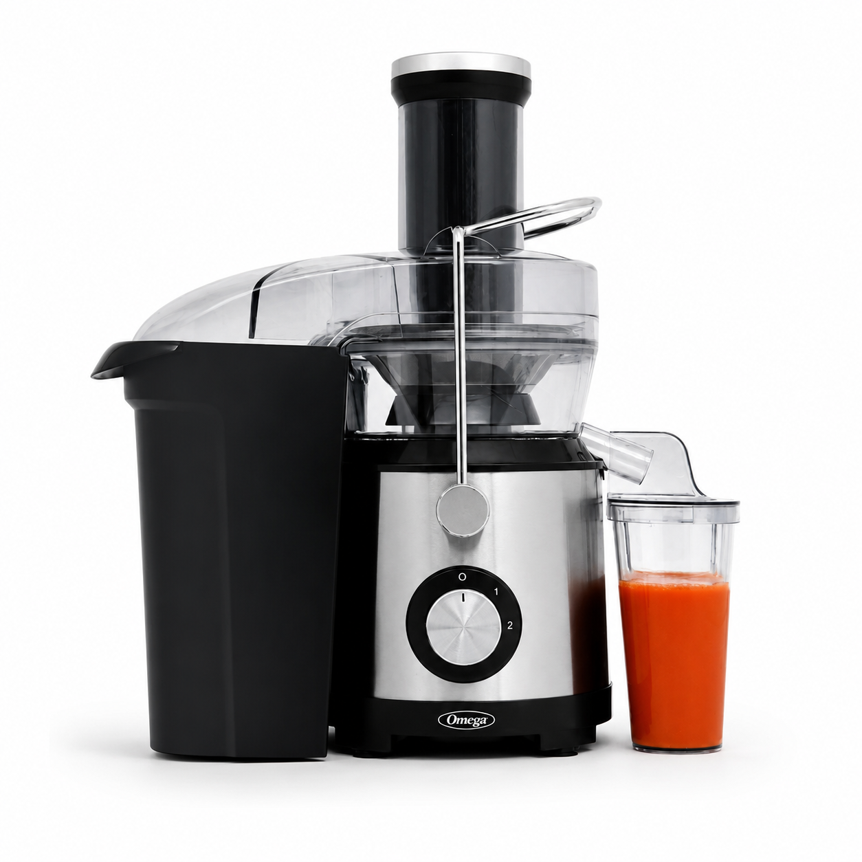 Omega High-Speed Juicer 1000W Centrifugal Juice Extractor with 3-Inch Large Feed Chute, 2-Speed, Dishwasher Safe, Black/Silver