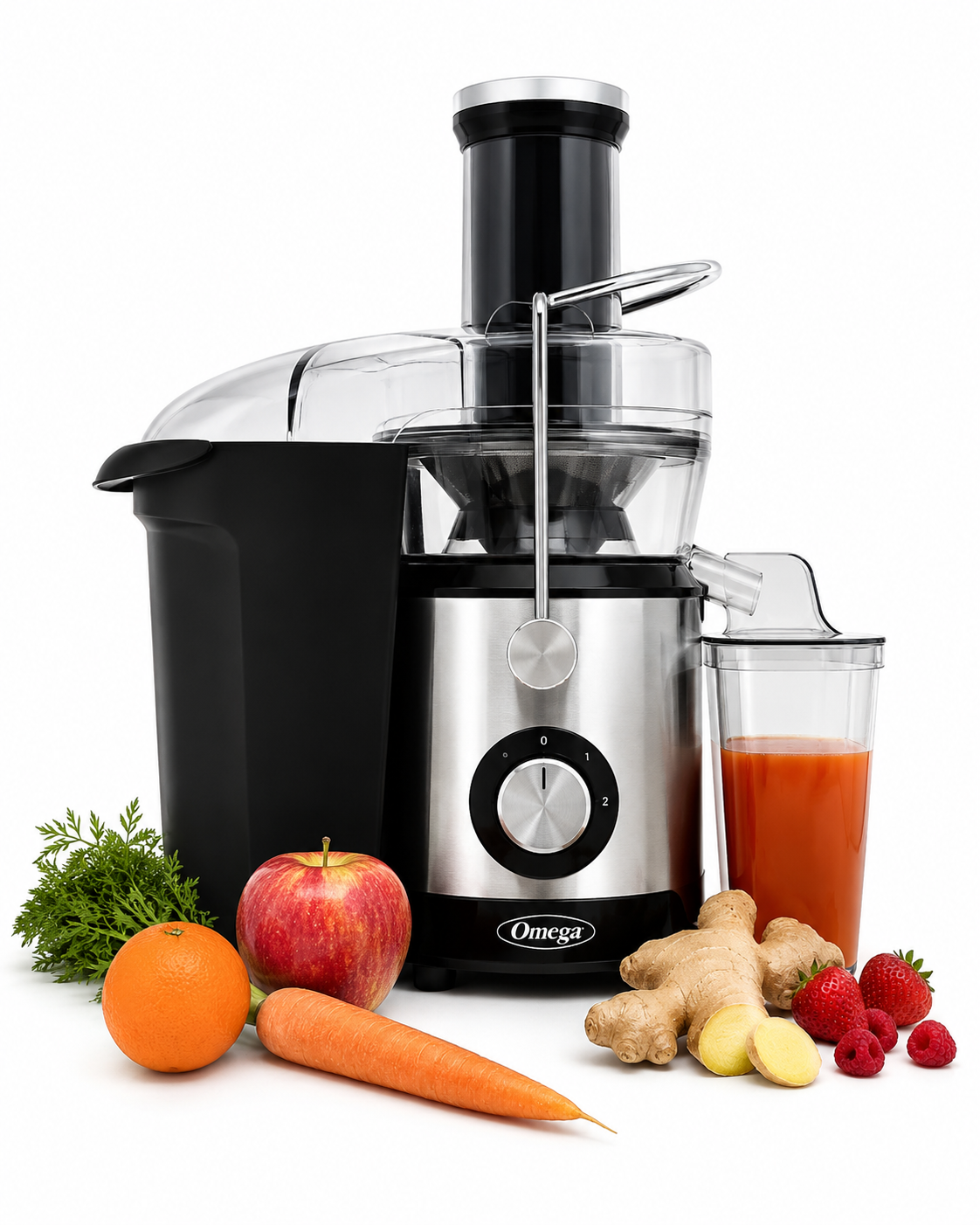 Omega High-Speed Juicer 1000W Centrifugal Juice Extractor with 3-Inch Large Feed Chute, 2-Speed, Dishwasher Safe, Black/Silver