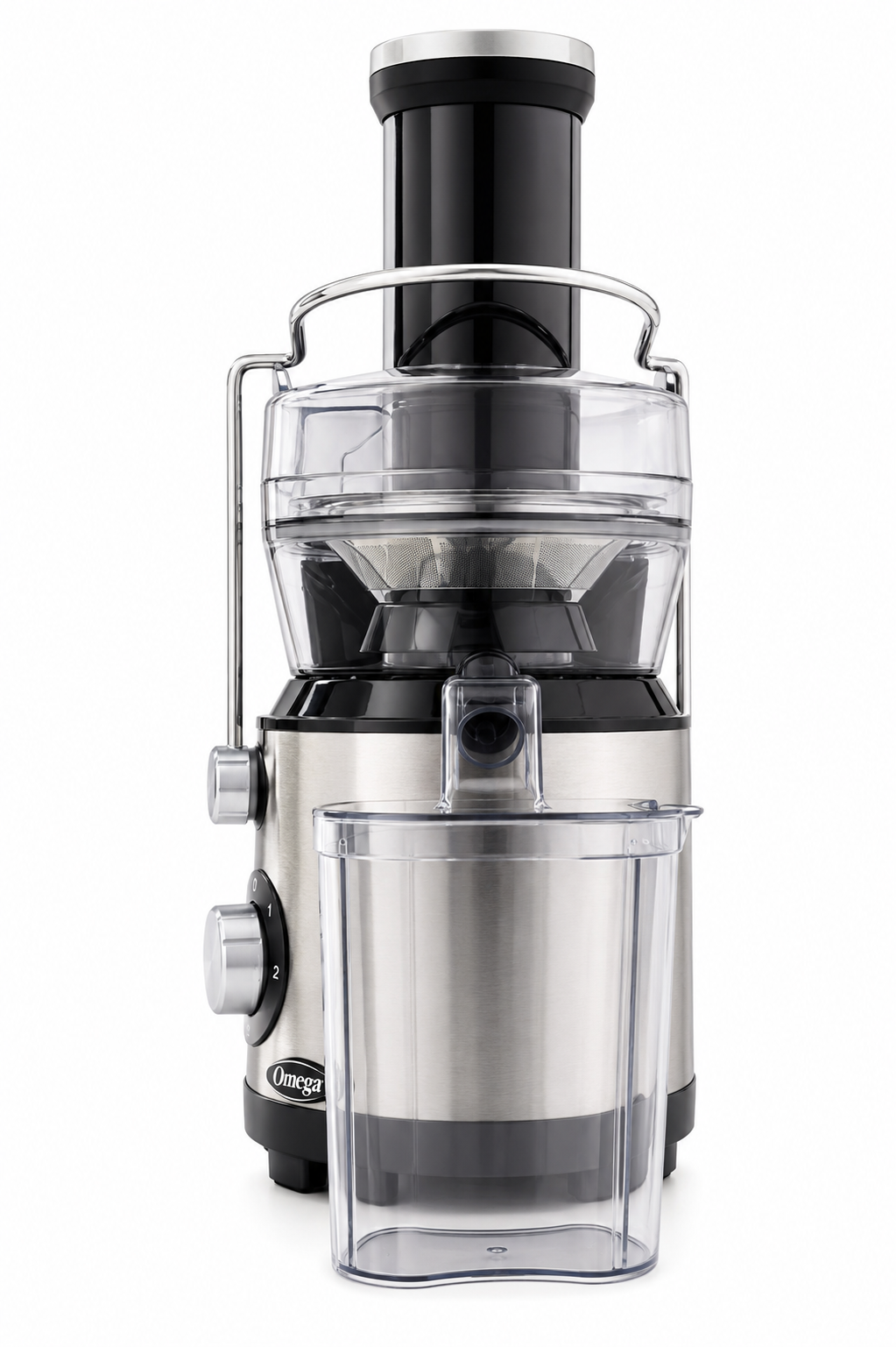 Omega High-Speed Juicer 1000W Centrifugal Juice Extractor with 3-Inch Large Feed Chute, 2-Speed, Dishwasher Safe, Black/Silver