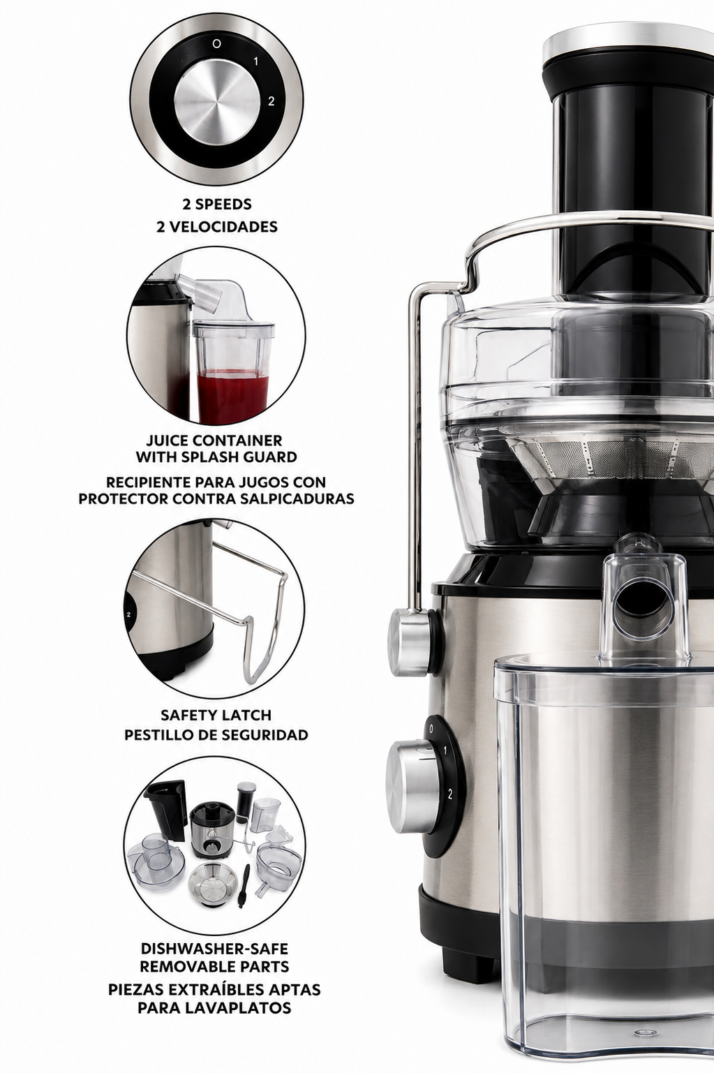 Omega High-Speed Juicer 1000W Centrifugal Juice Extractor with 3-Inch Large Feed Chute, 2-Speed, Dishwasher Safe, Black/Silver