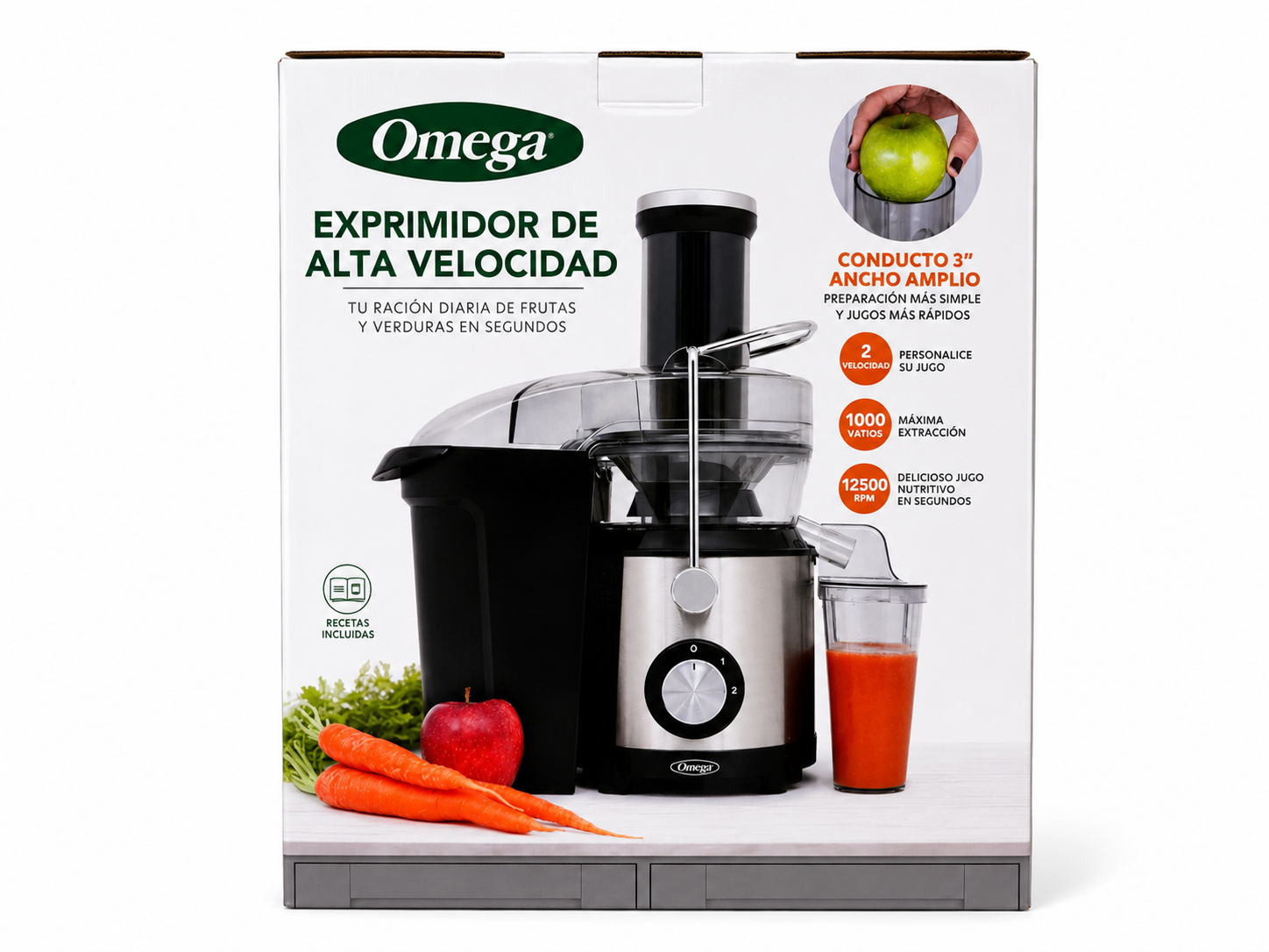 Omega High-Speed Juicer 1000W Centrifugal Juice Extractor with 3-Inch Large Feed Chute, 2-Speed, Dishwasher Safe, Black/Silver